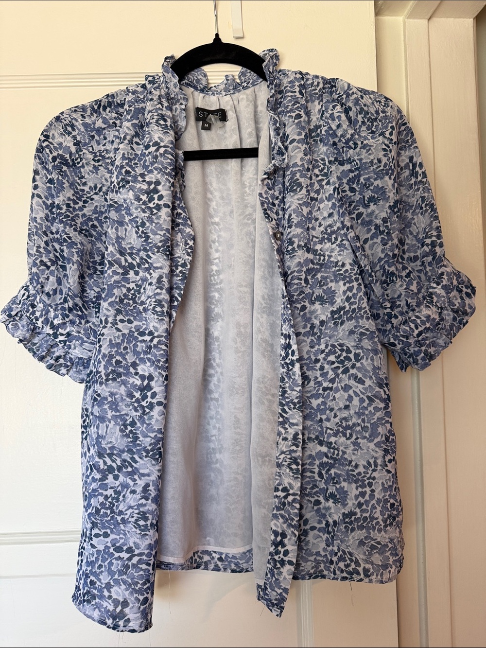 1. STATE Staccato Blue Floral Lightweight Open Jacket